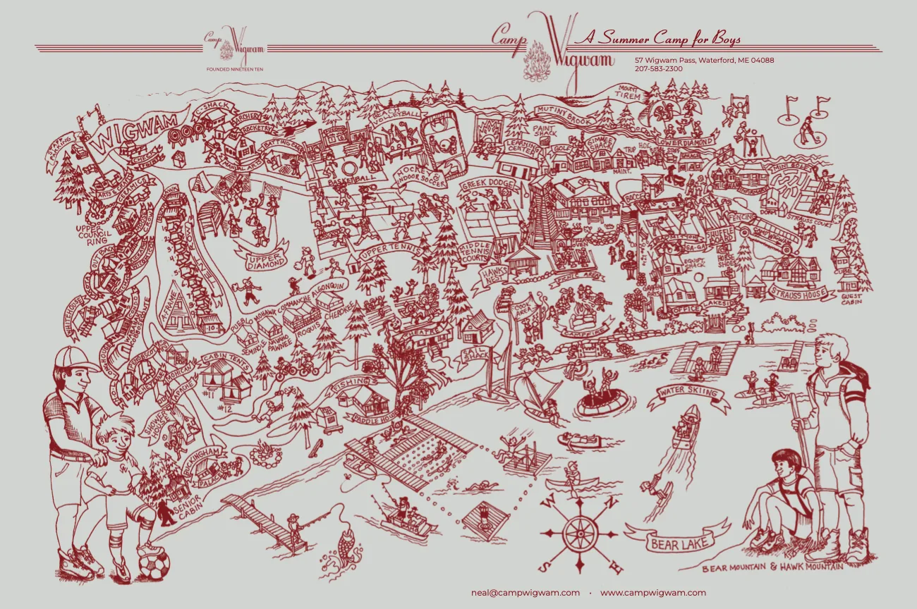Illustrated map of Camp Wigwam's 40-acre campus showing bunks, lodge, athletic fields, and Bear Lake waterfront